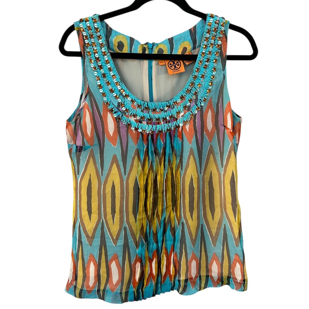 Tory Burch‎ Embellished Beaded Silk Tribal Print Sleeveless Top Blouse Size 6
